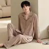 Pijama casual para hombre estilo coreano, algodón puro, camisa tipo cárdigan de manga larga con cuello simple, conjunto de ropa de estar de algodón para otoño e invierno