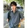 Camisa de Manga Corta a Cuadros Azules Retro Americana para Hombres y Mujeres, Estilo Juvenil de Verano, Camisa a Cuadros de Hombro Recto