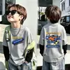 Ropa interior térmica casual de forro polar alemán con retazos moderna y genial para niños, Otoño Invierno, Niños Medianos y Grandes, Ropa interior cálida, Top de cuello redondo de dos piezas falsas, Moderno