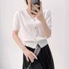 Cardigan Tricotado Azul Francês Decote V Manga Curta Feminino Fino Acinturado Camiseta Básica Top Suéter Slim
