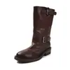 Botas Martin de piel de vaca de primera capa para mujer, botas de media pantorrilla, nuevo estilo otoño e invierno, punta redonda, tacón medio, hebilla de cinturón, botas de cuero envejecido, botas de motociclista para mujer