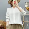 Camisa de manga larga de gasa de algodón de doble capa 100% algodón para mujer, empalme de encaje artístico estilo francés con ribete de volantes, top de cuello Peter Pan MHT