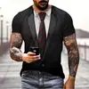 Impresión Digital 3D Moda de Verano Divertida Traje Falso Camiseta con Impresión 3D Camiseta con Pajarita Estilo Calle para Hombre Manga Corta