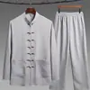 Traje Estilo Chinês Tang para Homens, Meia-Idade e Idosos, Conjunto de Manga Longa, Bordado em Seda Gelada para Primavera e Outono, Roupa de Pai, Conjunto de Duas Peças Hanfu de Vovô