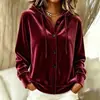 Jaqueta Cardigan de Veludo Dourado de Manga Longa com Capuz e Botões Casual Fashion Cor Sólida Nova Outono/Inverno Europeia e Americana para Mulheres