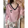 Sudadera de Encaje con Cuello en V Estampada de Color Contrastante de Manga Larga para Mujer en Otoño e Invierno Diseño de Nuevo Estilo Dulce Top Holgado y Chic