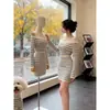Vestido Suéter de Tricô Listrado Color Block Off-Shoulder Coreano Petite Ol Boate Sexy Curto
