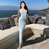 Vestido de Malla Transparente Estilo Francés con Cuello Halter, Vestido Sexy Irregular de Vacaciones, Vestido Largo