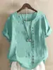 Camiseta Casual de Algodón y Lino para Mujer, Manga Corta, Cuello Redondo, Botones, Estilo Europeo y Americano, para Vacaciones y Calle, 2024