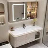 Gabinete de Madeira Maciça para Banheiro com Cuba Integrada de Cerâmica Combinação de Gabinete e Lavatório Lavatório Moderno Simples Banheiro Gabinete de Banheiro Cor Creme
