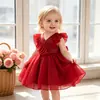 Ropa Europea y Americana para Niños Ropa para Bebé Fiesta de Cumpleaños del Primer Mes Bautizo Vestido Ropa Infantil Mangas Cortas Volantes Vestido de Princesa de Gasa de Vidrio Satinado