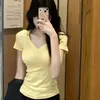 Camiseta para Mujer Verano Estilo Retro Americano Coreano Dulce Fresca Picante Chica Cuello en V Hombro Normal Manga Corta Ajuste Delgado Moda Versátil