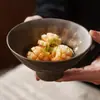 Cuenco de pie alto con esmalte dorado torneado en horno del fabricante, vajilla vintage, cuenco para fideos de uso doméstico, cuenco para sopa, cuenco para comer personal, cuenco para ensaladas
