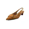 Sandálias Femininas de Couro Genuíno com Laço, Bico Fechado e Costas Abertas, Sandálias de Salto Médio, Novo Estilo de Verão, Sandálias de Moda de Couro Genuíno, Bico Fino, Cor Sólida