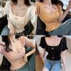 Top Camiseta de Manga Curta com Babados de Design Único, Gola Quadrada que Destaca a Clavícula, Cintura Alta, Curto e Justo, para Mulheres, Verão 2025