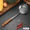 Espátula colher de aço inoxidável colher de mexer para casa espátula colher espátula de cozinha peneira espessa anti-queimadura padrão de madeira conjunto de utensílios de cozinha