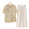 Novos looks de verão 2026 para mães, terninhos de verão elegantes e estilosos para mães, novas blusas de estilo chinês, roupas de manga curta para mulheres de meia-idade e idosas