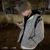 Moletom Cardigan Tricotado Estilo Tweed Masculino com Capuz Pesado Design Listrado Primavera e Outono Jaqueta Retrô Americana