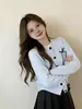 Cárdigan de punto casual estilo coreano con diseño de patchwork de encaje para mujer, nuevo suéter top ajustado con corbatín para otoño e invierno