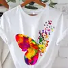 [Algodão T-shirt Tamanho Europeu] T-shirt Estampada de Borboleta Tamanho Plus, Manga Curta Gola Redonda Casual, Verão e Primavera,