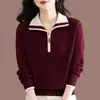2026 Novo Outono/Inverno Blusa de Tricô Grossa com Blocos de Cor, Gola Lapela, Meio Zíper, Slimming, Manga Longa, Camada Base Elegante Feminina