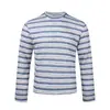 Camiseta listrada de manga comprida estilo retrô americano, com corte relaxado, bordas desfiadas e cores contrastantes, adequada para homens e mulheres, como peça básica ou top casual para casais