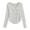Deseo Puro Camiseta de Manga Larga con Cuello en V y Pecho Gris para Mujer Verano Ajustada Sexy Adelgazante Bolsillo Cuello Grande Spice Girls Top Delgado