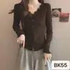 Top de Malha Feminino de Manga Longa Cor Sólida com Decote em V e Detalhe em Renda Cinza de Alta Qualidade, Estilo Novo Outono e Inverno, Falso Duas Peças com Bordas Franzidas
