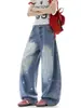 Calça Jeans Scimitar Bordada Estrela de Dopamina para Mulheres e Homens, Calça Wide-Leg Vintage Desgastada de Primavera, Calça Casual Solta Versátil