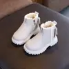 Botas de invierno para niños estilo Martin con forro polar, botas de cuero gruesas y cálidas, botas de media pantorrilla con cremallera lateral, zapatos con lazo para niños y niñas