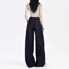 Jeans de Cintura Alta Wide Leg em Sarja para Mulheres Tendência Outono e Inverno 2025 Versátil Novo Azul Escuro Solto Forrado com Fleece Comprimento Total