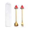 Cuchara y tenedor de acero inoxidable portátil para niños, con bonitos dibujos animados, dorados, para café, fruta, postre, caja de regalo