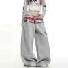Pantalones de chándal anchos vintage desgastados con patchwork de la Union Jack para hombre y mujer, estampado de letras estilo americano, pantalones casuales rectos holgados con cordón