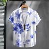 Camisa Masculina de manga curta Camisa de quatro lados Camisa Casual Masculina de Verão Masculina Azul Azul e Azul Impressão Digital 2024 Novo
