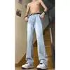 Jeans para hombre al por mayor transfronterizos, estilo fino de primavera y otoño, vibra americana, elásticos, pierna curva, corte ajustado, pierna recta, pantalones ligeramente acampanados