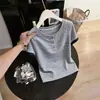 Camiseta de Manga Corta con Cuello Henley de Bloques de Color Rayados Estilo Coreano Retro para Mujer, Verano Casual Versátil, Cuello Redondo, Hombro Normal, Top Pequeño
