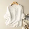 Top Bordado Delgado de Verano para Mujer Artístico Retro Transpirable de Algodón y Lino Camiseta de Manga Corta Cuello Redondo