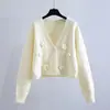Cardigan de tricô curto com trama de cabos e estampa floral, feito à mão, fresco e simples, para mulheres, nova peça de outer wear estilo coreano para o início do outono, para mulheres baixinhas