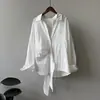 Camisa de Algodón Tencel Beishan Tongshu con Cinturón para Mujer, Otoño, Cuello Solapa, Botones al Frente, Holgada, Adelgazante, Blusa 82570