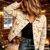Nueva chaqueta vaquera corta de algodón puro Navidad otoño e invierno estampado 3D personalidad moderna top ajustado para mujer