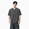 Camiseta de manga corta a rayas con bloques de color estilo americano de otoño para hombre y mujer, cuello en V relajado, holgada casual de media manga