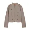 Ropa de comercio exterior para mujer 2026 Moda europea y americana casual con botones de doble botonadura, cremallera decorada, cuello alto, traje a rayas A69479
