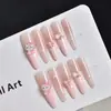Uñas postizas de larga duración con moños y corazones para estudiantes, hechas a mano, removibles y favorecedoras