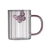 Vaso de Vidrio con Moño y Rayas Verticales, Vaso de Vidrio Grueso Estilo Ins para Chicas, Vaso de Leche con Rayas, Vaso con Asa de Mariposa
