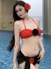 Vino Rojo Camelia Hermosa Espalda Sexy Verano Fruncido Pecho Pequeño Playa Estilo Japonés Ins Estilo Coreano Bikini para Mujeres