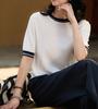 Estilo Old Money Camiseta de Punto para Mujer Tencel Seda Bloque de Color Cuello Redondo Manga Corta Top de Seda de Morera Manga Media Mujer Verano Delgado
