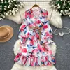 Vestido Estampado Cuello en V Estilo Romántico Francés para Mujer 2026 Otoño Manga Larga Cintura con Lazo Ceñidor Adelgazante Falda de Volantes Línea A