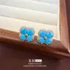 Brincos de Trevo de Quatro Folhas Turquesa Incrustados com Diamantes Estilo Francês Vintage, Brincos Elegantes e Luxuosos com um Toque Moderno de Alto Padrão para Mulheres