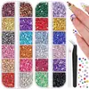 Caja de 24 compartimentos moderna y popular de diamantes de resina jelly de color AB con base plana, empaquetada para arte de uñas DIY, accesorios pequeños, venta al por mayor