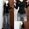 Camiseta Ribana de Manga Longa com Decote V para Mulheres, Camisa Base para Primavera e Outono, Top Esportivo Slim Fit com Design Retrô Americano